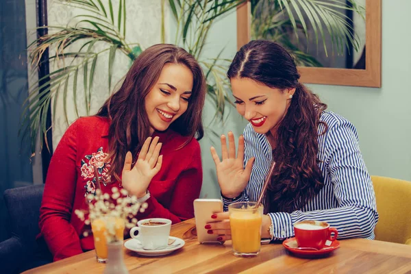 Две молодые женщины ведут видеозвонок с друзьями на смартфон. — стоковое фото