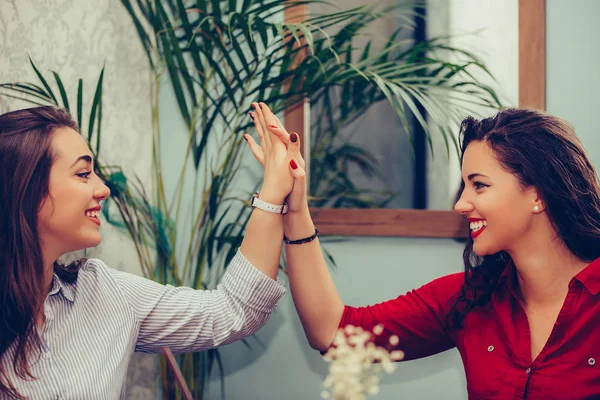 Le amiche felici stanno dando alto, celebrando il successo mentre — Foto Stock