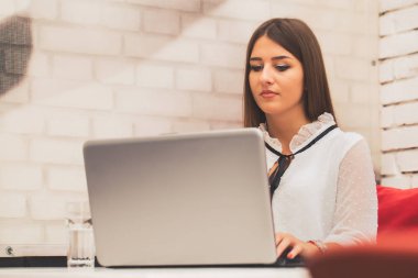 Bir kafede dizüstü bilgisayar üzerinde çalışan genç kadın