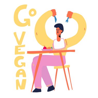 Bastır Vegan. Lezzetli vejetaryen yemekleri. Damak zevki. Yemek sevgisi. Vegan Karakteri. Vejetaryen konsepti, harfler. Yassı Çizgi Film Vektör Resimleri. Klip sanatı