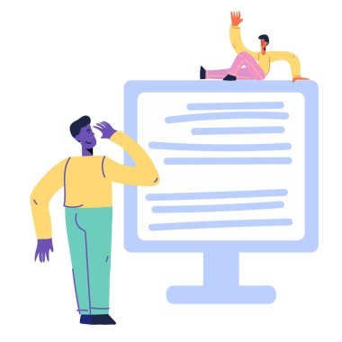 İki adam bilgisayar kullanarak iletişim kuruyor. Bilgisayarda yardım et. Teknik destek, müşteri hizmetleri, online yardım, çağrı merkezi. Yassı Çizgi Film Vektör Resimleri. Klip sanatı