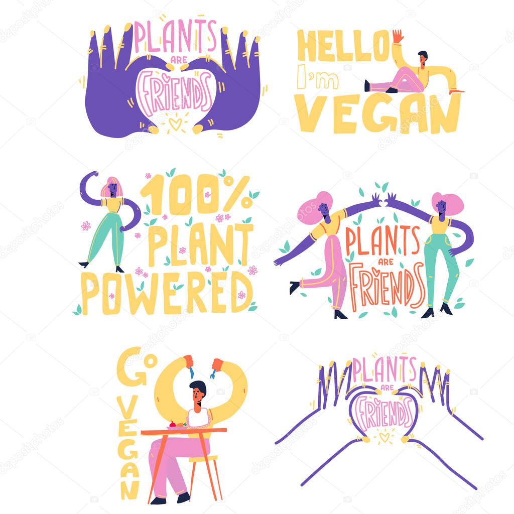Set of Vector Vegan Signs. Vegan Foods. Plant based vegan diet symbols.Vegan slogan for package design, web, print t-shirt, logo, poster, symbol, design, decor, textile, paper, card.
