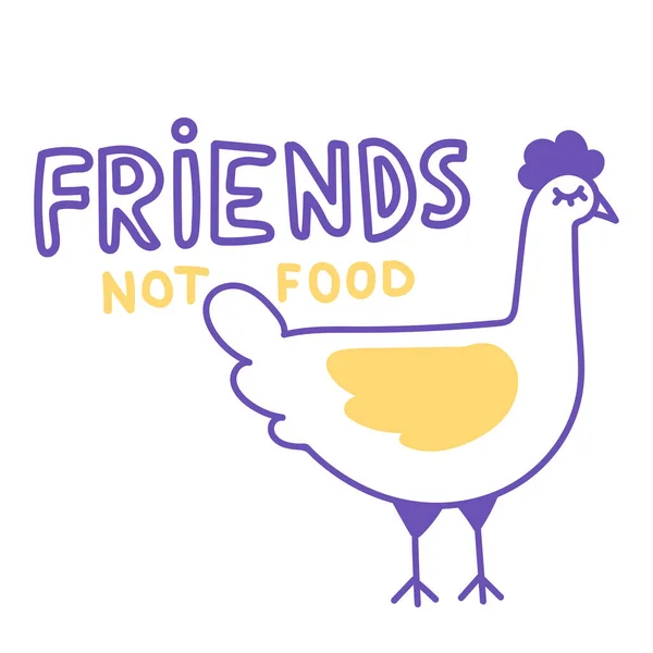 可悲的鸡 朋友而不是食物 贴纸或图标的矢量元素 包装设计 打印T恤衫的口号 — 图库矢量图片