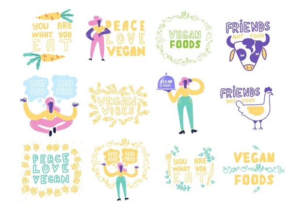 Vektorvegane Zeichen. Vegane Lebensmittel. Pflanzliche vegane Ernährungssymbole. Veganer Slogan für Verpackungsdesign, Web, Print-T-Shirt, Logo, Poster, Symbol, Design, Dekor, Textil, Papier, Karte. — Stockvektor