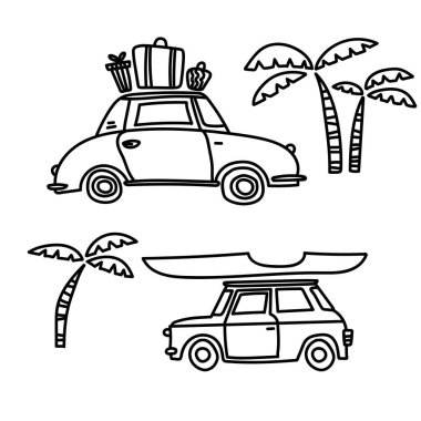 Arabayla yolculuk. Bavullar arabanın çatısında. Yalnız seyahat etmek ya da arkadaşlarla. Arabanın çatısındaki tekne. Renk sayfası.