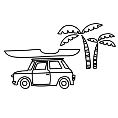 Arabayla yolculuk. Bavullar arabanın çatısında. Yalnız seyahat etmek ya da arkadaşlarla. Renk sayfası.