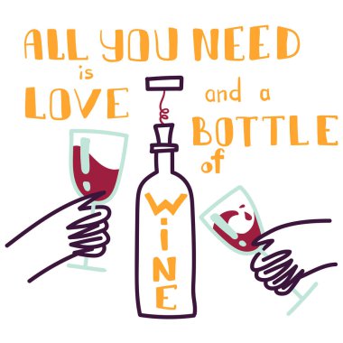 Tek ihtiyacın olan aşk ve bir şişe şarap. Bir şişe kırmızı şarap, izole tasarım elementleri, alkol eğlence teması. Çizgi film tarzı. Düz tasarım.