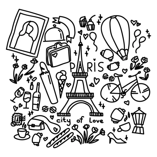 Travel theme doodle. Paris doodle set. For print, icon, logo, poster, symbol, design, decor, textile, paper, card, invitation, holiday.