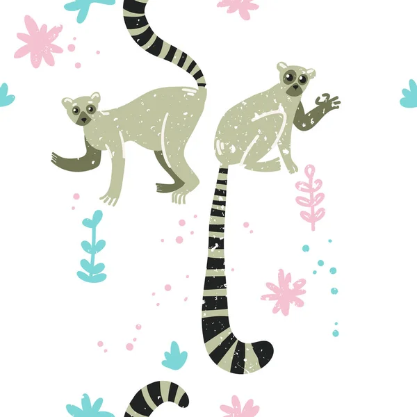 Trópusi Minta Maki Dzsungelben Aranyos Gyerekes Illusztráció Makival Vektor Illusztráció — Stock Vector