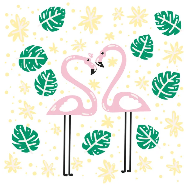 Два Любителя Фламинго Тропиках Тропические Листья Цветы Пара Фламинго Любовью — стоковый вектор