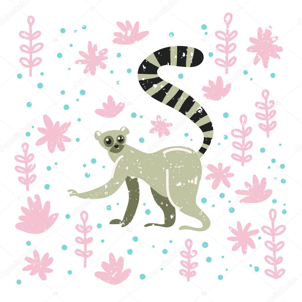 Tropical pattern. Lemur in the jungle. Cute childish illustration with lemur. Vector illustration with lemur and flowers
