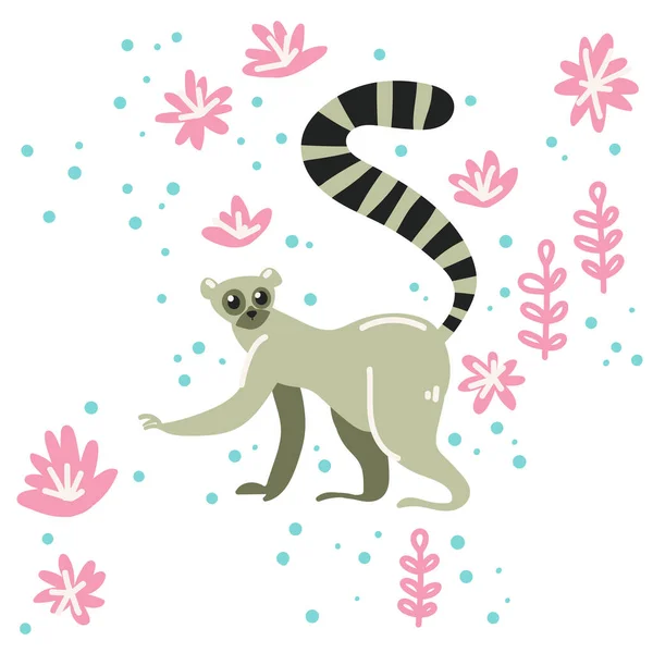 Schema Tropicale Lemur Nella Giungla Graziosa Illustrazione Infantile Con Lemure — Vettoriale Stock