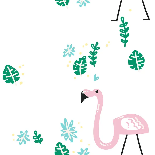 Тропический Узор Патиссоны Фламинго Листьями Чудовища Голубыми Цветками Фасоли Векторное — стоковый вектор