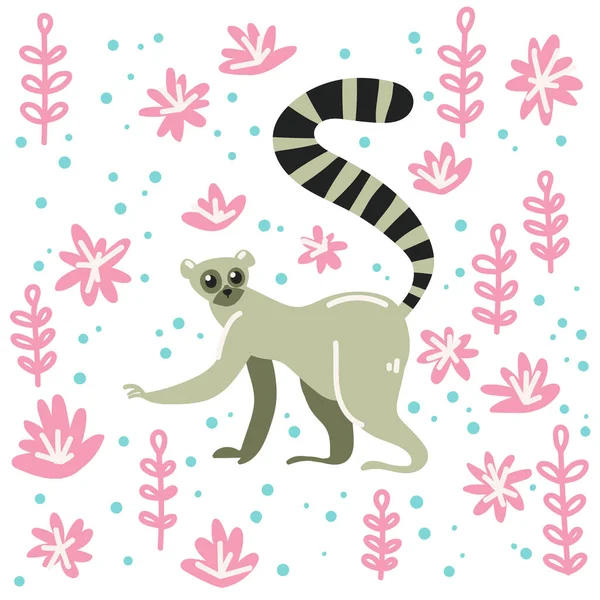 Schema Tropicale Lemur Nella Giungla Graziosa Illustrazione Infantile Con Lemure — Vettoriale Stock