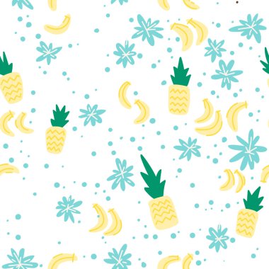 Yaz tropikal deseni. Hindistan cevizi, muz ve çiçekli vektör çizimi. Basit düz grafikler. Arkaplan, ambalaj, tekstil ve diğer tasarımlar için.