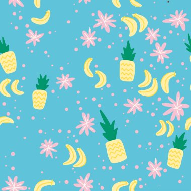 Yaz tropikal deseni. Hindistan cevizi, muz ve çiçekli vektör çizimi. Basit düz grafikler. Arkaplan, ambalaj, tekstil ve diğer tasarımlar için.