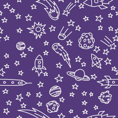Kozmik desen. Çocuklar için uzay deseni. Gece gökyüzü el çizimi arka plan. Bebek kusursuz desen - uzay, uzay gemileri ve yıldızlı gezegenler. Moda vektör arkaplanı.