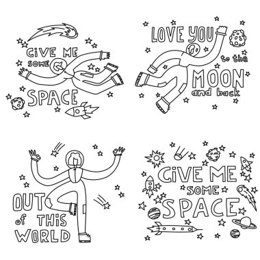 Uzay boyama sayfası. Uzay yolculuğu illüstrasyonu. Doodle uzay çizimi. Uzay teması üzerine bir çizim seti.
