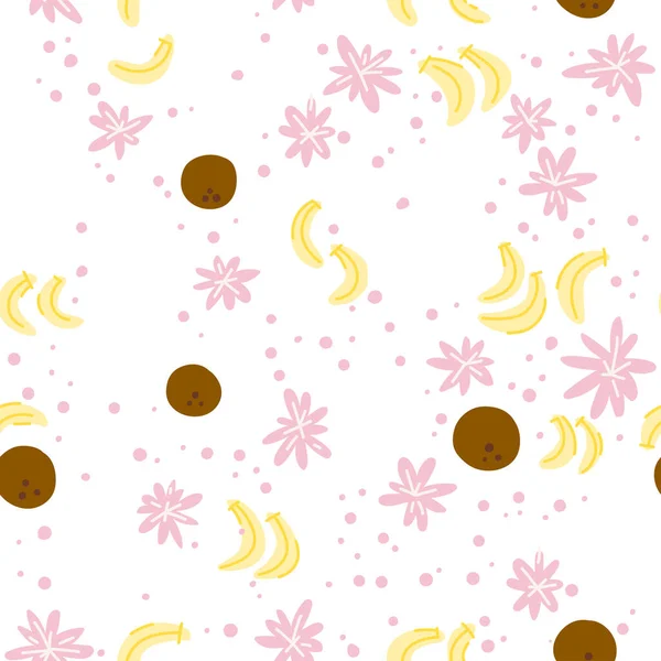 Patrón Tropical Verano Ilustración Vectorial Con Cocos Plátanos Flores Gráficos — Vector de stock