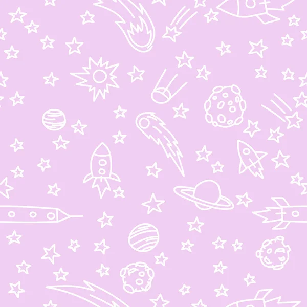 宇宙模式 儿童空间模式 夜空手绘涂鸦背景 婴儿无缝图案 宇宙飞船和行星与恒星 趋势矢量背景 — 图库矢量图片