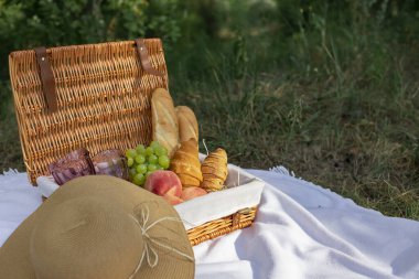 Çimlerin üzerinde piknik sepeti, üzerinde yiyecek ve battaniye var. Güneşli bir günde bir tarlada piknik öğle yemeği. Baget, kruvasan, şeftali, bir buket kır çiçeği ve üzüm. Fransız tarzı piknik