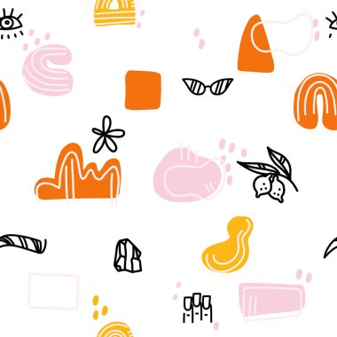 Soyut arkaplan. Elle çizilmiş çeşitli şekiller ve karalama nesneleri. Makyaj ustası, kaş ustası ve manikürcü için modern moda vektör çizimi. Güzellik salonu için kusursuz desen