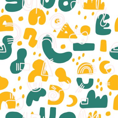 Soyut arkaplan. Elle çizilmiş çeşitli şekiller ve karalama nesneleri. Çağdaş modern trend vektör çizimi. Kusursuz desen.