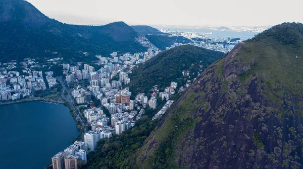 Вид Воздуха Беспилотник Лагуны Рио Жанейро Копакабана Сумерках — стоковое фото