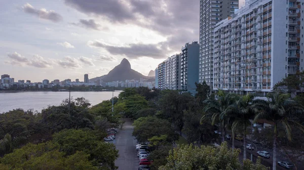 Vista Aérea Del Dron Laguna Rio Janeiro Copacabana Atardecer — Foto de Stock