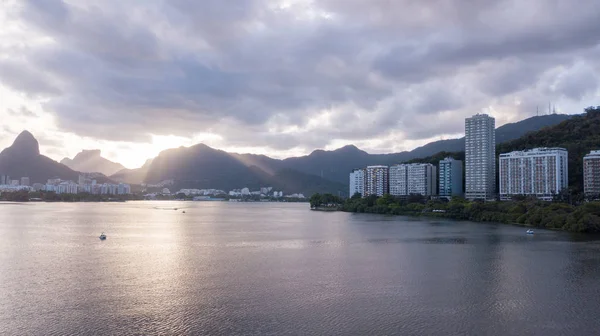 Vue Aérienne Drone Lagune Rio Janeiro Copacabana Crépuscule — Photo