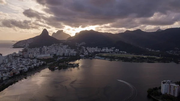 Vue Aérienne Drone Lagune Rio Janeiro Copacabana Crépuscule — Photo