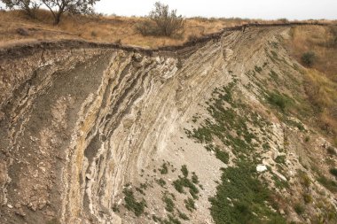 Dünya yüzeyinde tortul kaya katmanları oluştu. Azak denizinin güney kıyısında outcrops. Taman Yarımadası, Temryuk bölgesi, Krasnodar region, Rusya Federasyonu