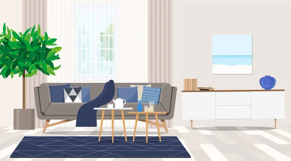 Grijze Bank Houten Salontafel Modieuze Woonkamer Interieur Met Scandinavisch Design — Stockvector