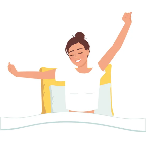 Una chica joven y feliz se despierta y se estira en la cama . — Vector de stock