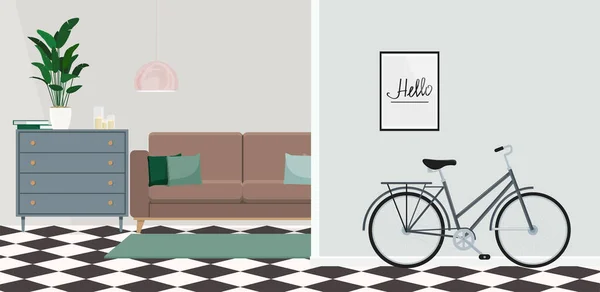 Salón Interior Con Sofá Bicicleta Ilustración Vectorial — Vector de stock