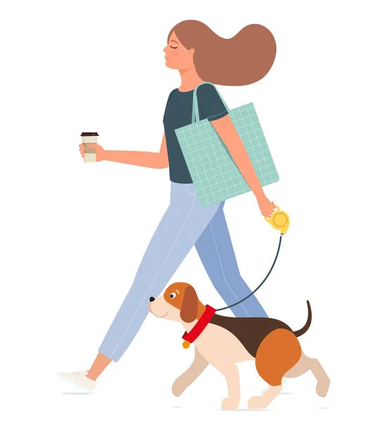 Mujer Caminando Pequeño Cachorro Vector — Vector de stock