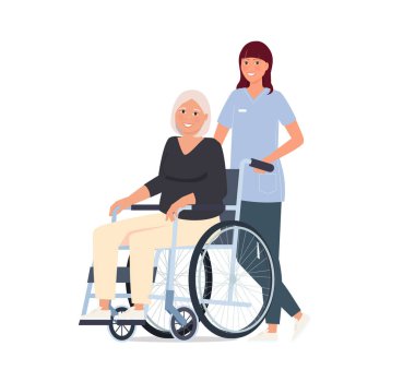 Yaşlılarla ilgilenmek. Bir hemşire büyükannesini tekerlekli sandalyeye oturtuyor..