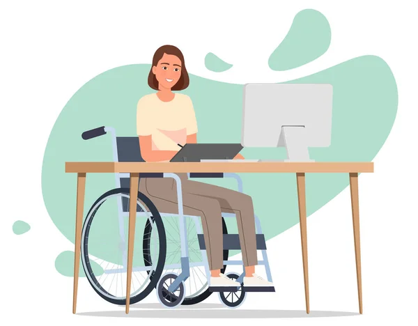 Tekerlekli Sandalyedeki Bir Kız Masaüstü Bilgisayarının Önündeki Masada Tablete Resim — Stok Vektör