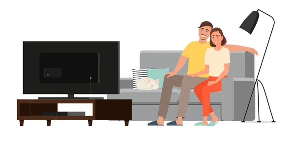 Pareja Feliz Viendo Televisión Casa — Vector de stock