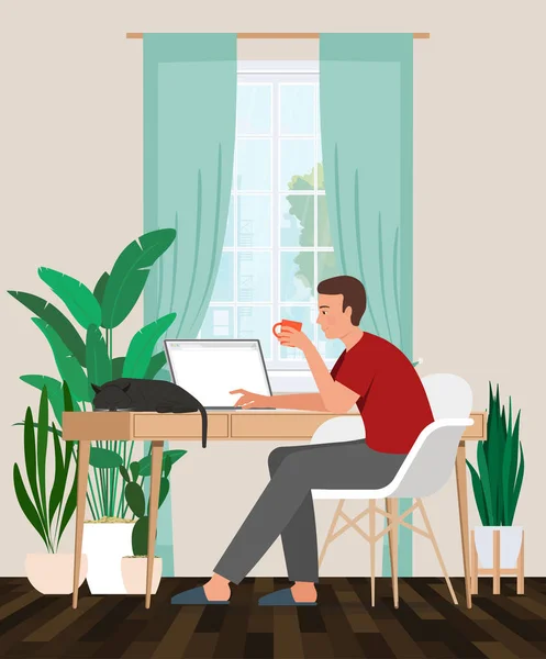 Vector Illustration Man Using Laptop Home — Stock Vector