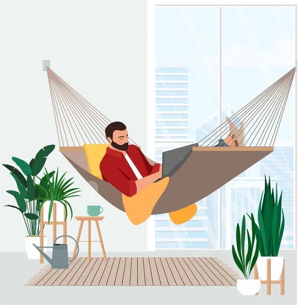 Freelancer Lavora Dietro Computer Portatile Disteso Distanza Hammock — Vettoriale Stock