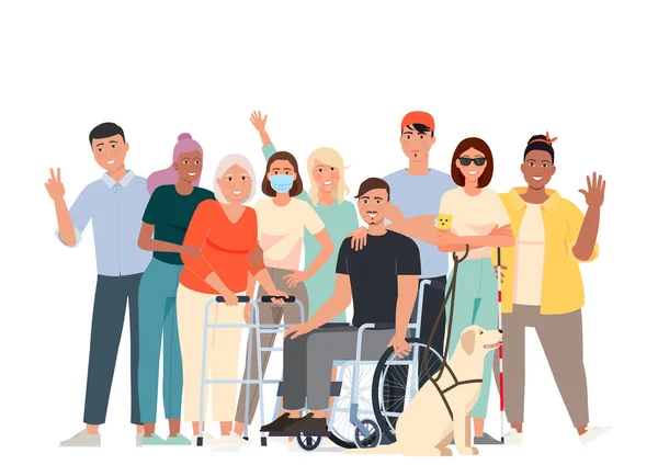 Illustrazione Vettoriale Dei Disabili Volontari Studenti Uomo Sulla Sedia Rotelle — Vettoriale Stock