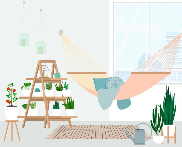 Hamac Sur Balcon Dans Mini Jardin Urbain — Image vectorielle
