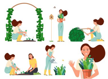 Vector flat illustration of a working woman in the garden. clipart