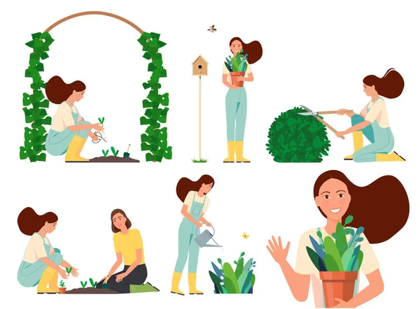 Ilustración plana vectorial de una mujer trabajadora en el jardín . — Vector de stock