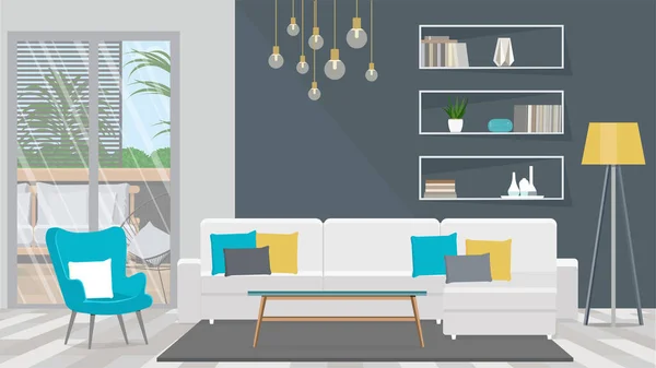 Sala de estar con sofá blanco y sillón turquesa . — Vector de stock