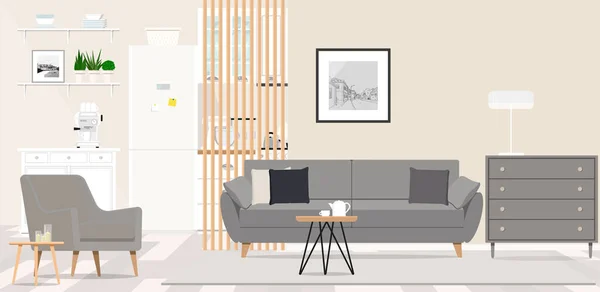 Otwarty apartament typu studio z małą białą kuchnią i salonem z szarą kanapą i drewnianym stołem kawowym — Wektor stockowy