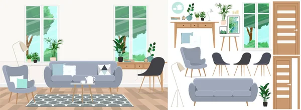 Um conjunto de mobiliário e decoração para criar uma sala de estar interior com um local de trabalho . — Vetor de Stock