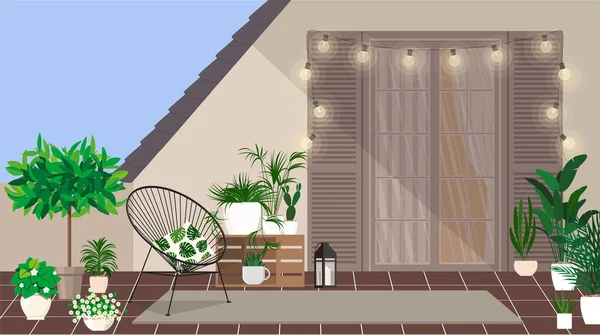 Uma varanda no terraço com uma poltrona e um pequeno mini jardim . — Vetor de Stock
