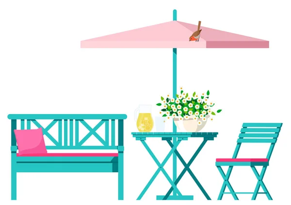 Garden furniture bench, chair with table under umbrella. — Stock Vector